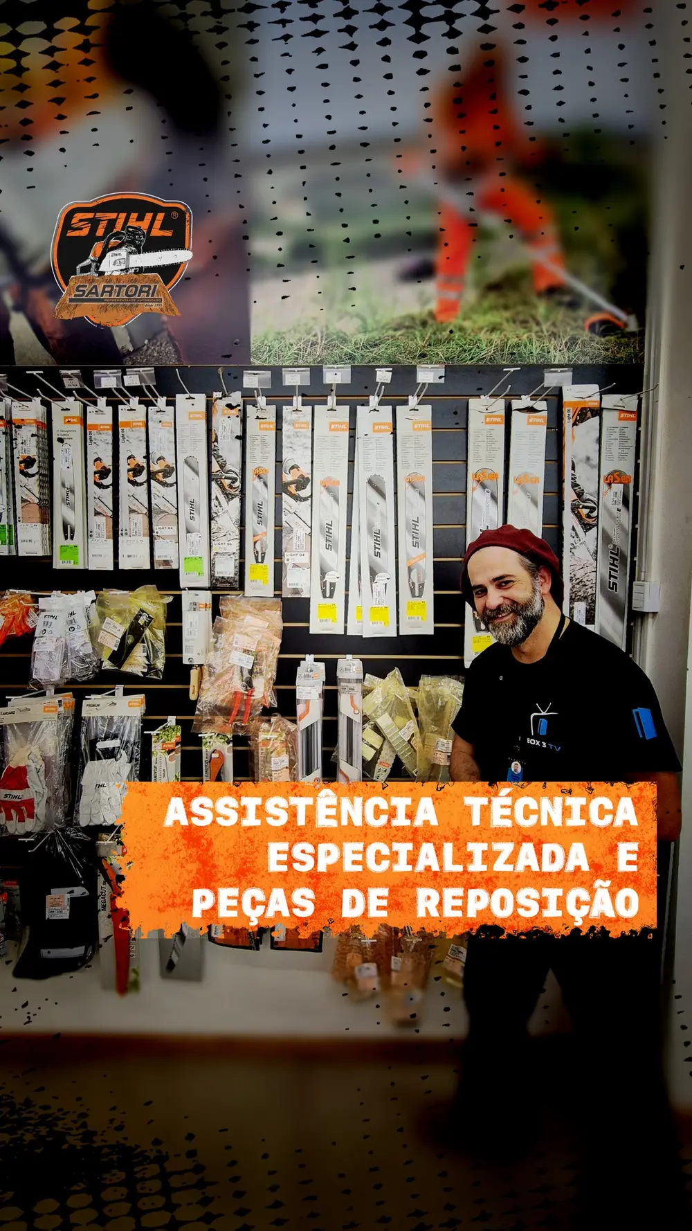 Parede de sabres, correntes e peças originais STIHL na Sartori Máquinas